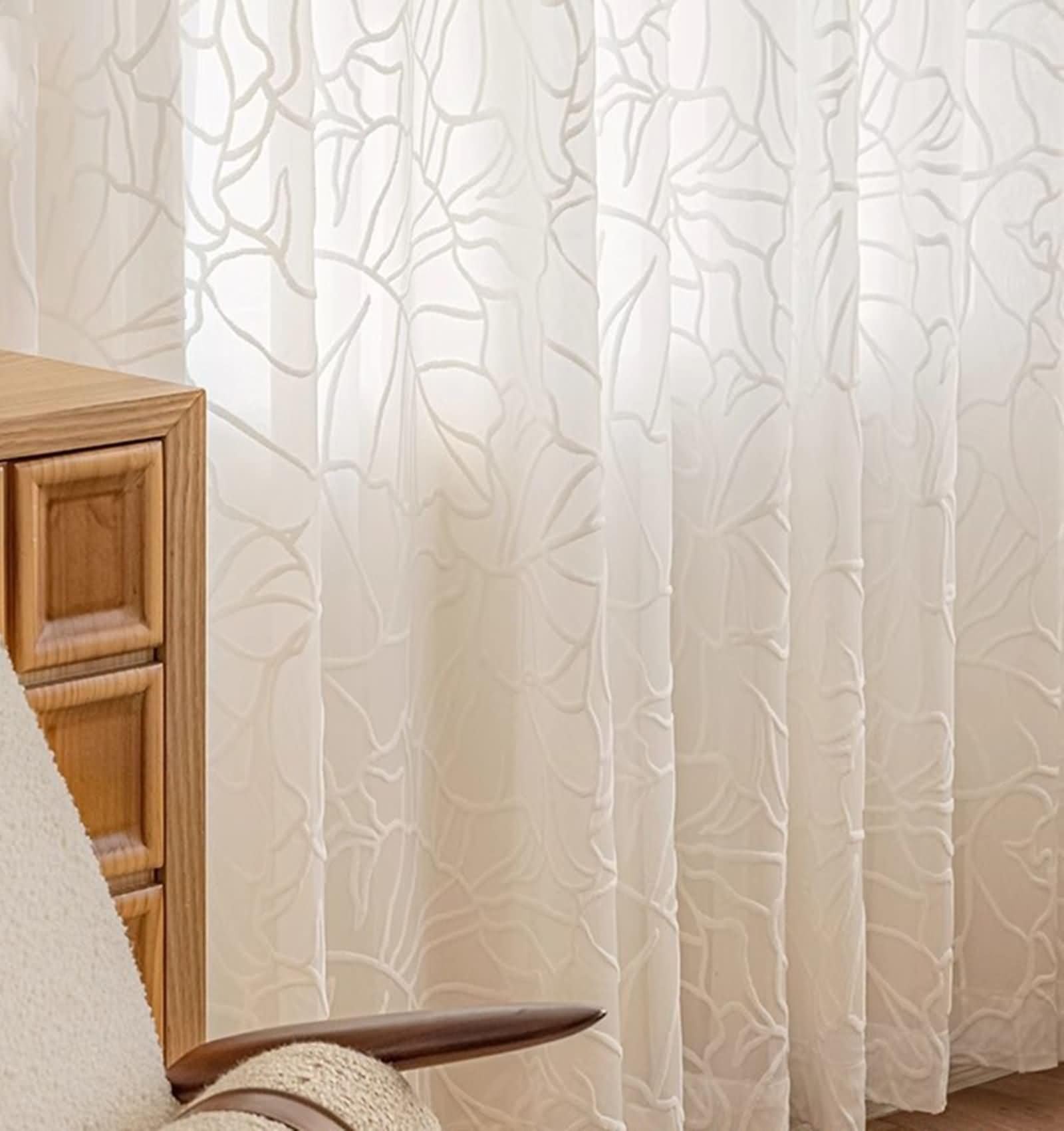 Zasłona okienna kuchnia, nowoczesne zasłony do salonu biały wzór liści mieszanka poliestru i bawełny zestaw 2 szt. 86 W x 183L cm