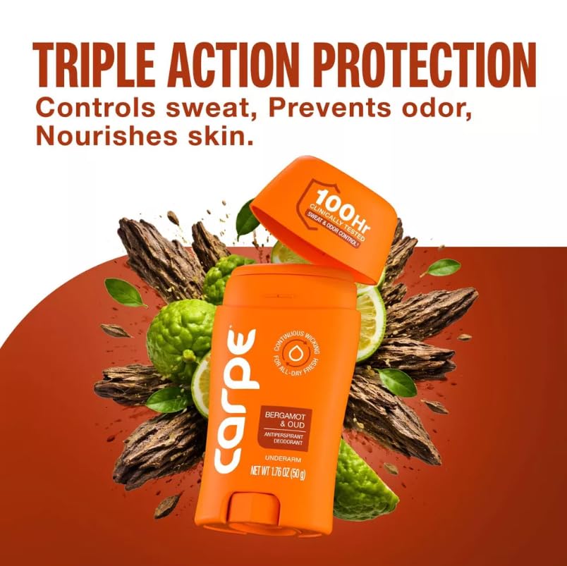 Carpe Men's 100HR Sweat & Odor Control Antiperspirant Deodorant - Bergamot&Oud - 1.76oz: Paraben-Free, Phthalate-Free, Vegan, Cream Form