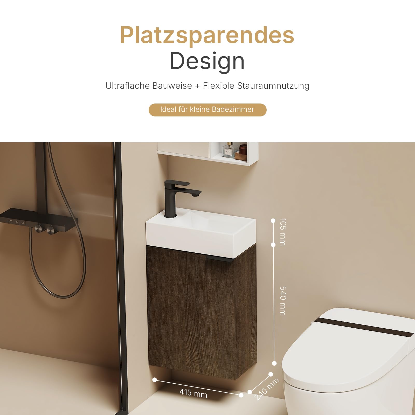 EMKE Waschtisch mit Unterschrank 41 cm, Badmöbel-Set mit Keramikwaschbecken – ideal für Gäste-WC & kleines Bad, Waschbecken mit Unterschrank, Geräucherte Eiche