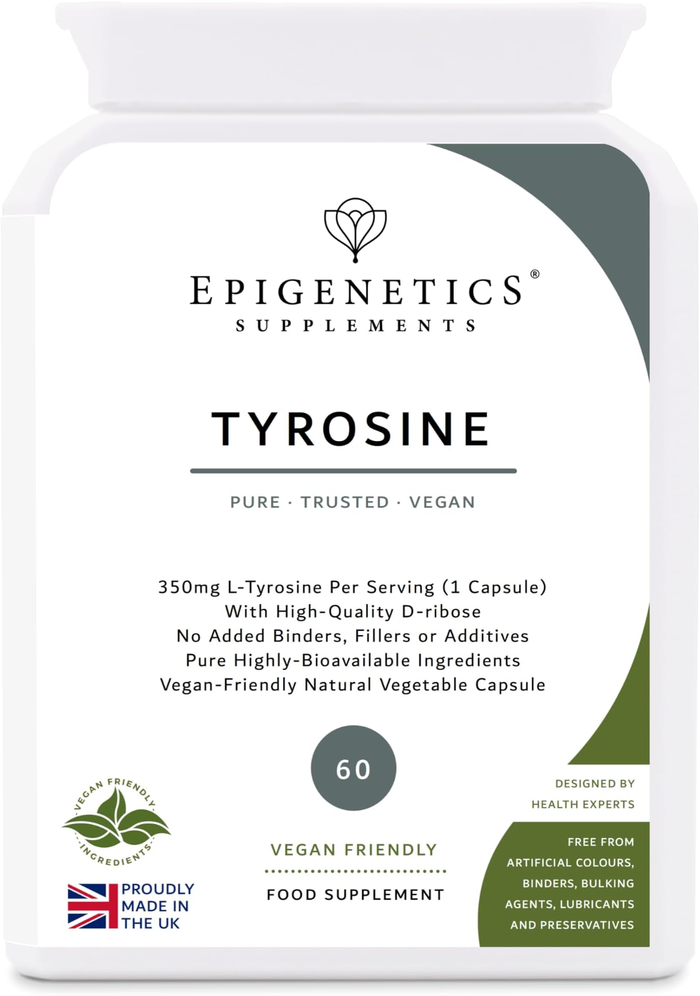 L-Tyrosine | 356mg L-Tyrosine & 19mg D-Ribose Per Capsule | No Added Binders, Fillers or Additives | Pure Highly-Bioavailable Ingredients | 60 Vegan Capsules 2-Month Supply | UK Made