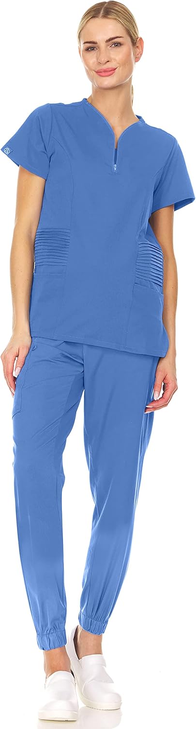 MediChic Scrubs Womens Stretch Zipper Neck Jogger Scrubs Set, Available in Over 12 Colors