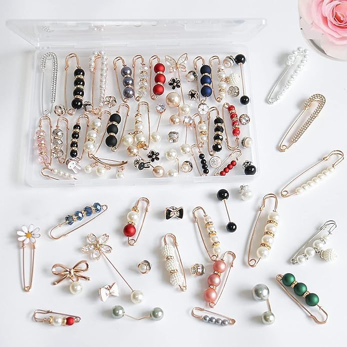 145 Pcs Brooch Pins, Sweater Shawl Hat Clip Neckline Pins Double Faux Pearl Brooches for Women Fashion Cover Up Buttons Clothing Dress Decoration Accessories Pant Waist Tightener Safety Pins — view 6