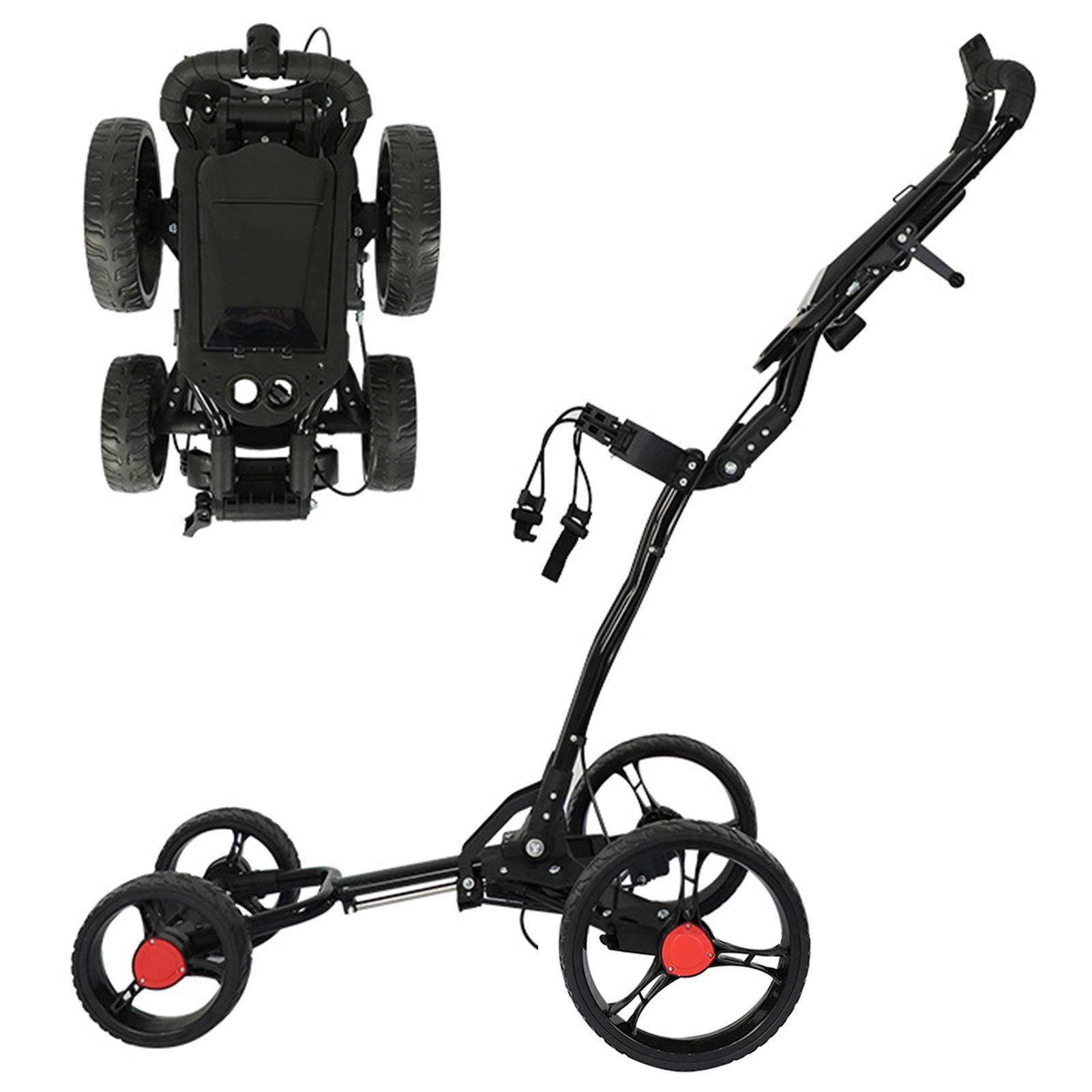 NENGGE 4 Wheel Push Golf Trolley Folding Compact Portable Lightweight Manual Push/Pull Golf Cart Junior Aluminum Alloy Golf Caddy with Umbrella Holder & Handbrake, Easy To Open,Black