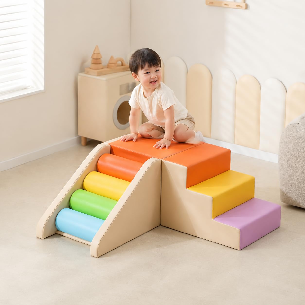 Schaumstoff Kletterset für Kleinkinder, Spielset mit Rutsche, modulares Motorikspielzeug, schadstofffrei & hygienisch, Mehrfarbig, Dreiteiliges Set, sensorische