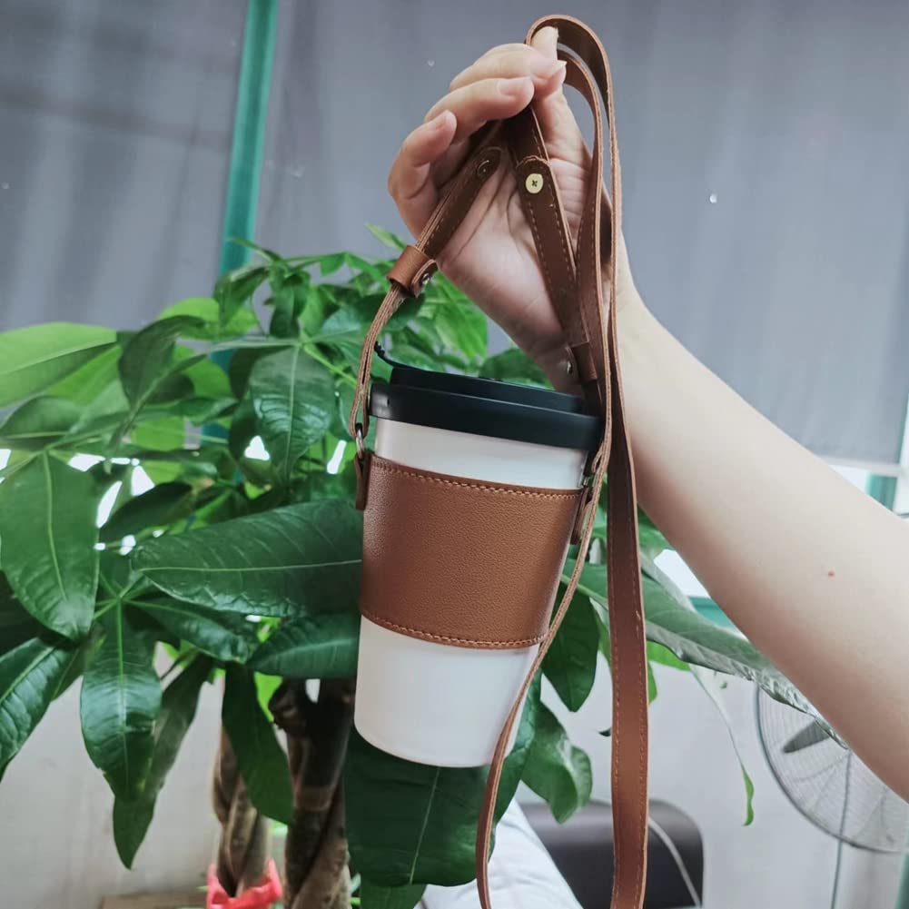 Coffee Cup Holder Crossbody Coffee Cup Sleeve Reusable Leather Sleeve with Adjustable Shoulder Strap Portable Carrier