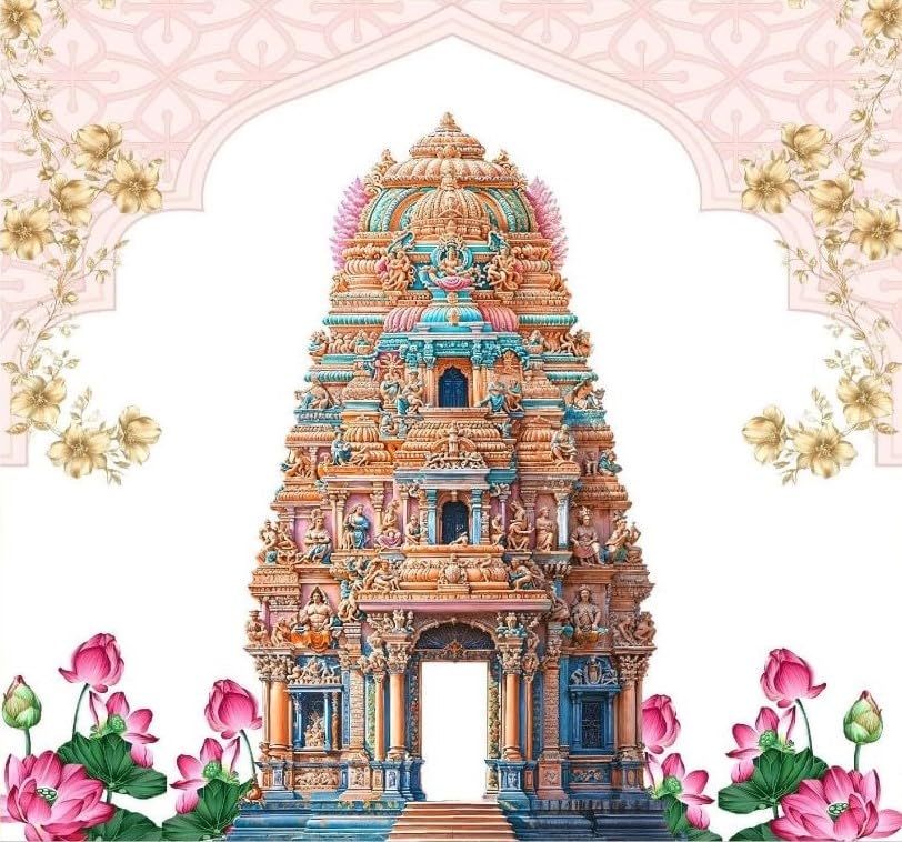 Image of varalakshmi Pooja Background | Light Pink Background with a Traditional Line Arch, a Colorful Temple Entrance,Golden Leaves, and Pink Lotus Flowers Decoration Cloth 8x8 Feet