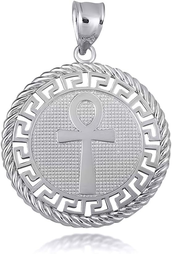 Ancient Egyptian Ankh Amulet Greek Key Roped Coin Pendant Necklace Fine Real Solid 10Kt Gold