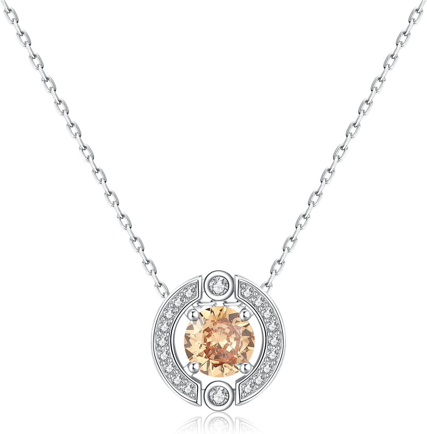 Birthstone Halo Necklace for Women Sterling Silver Platinum Plated Sparkling Gemstone Round Cut Solitaire Pendant Cubic Zirconia Necklaces Clear Crystal Meaningful Jewelry Gifts for Women Teen Girls