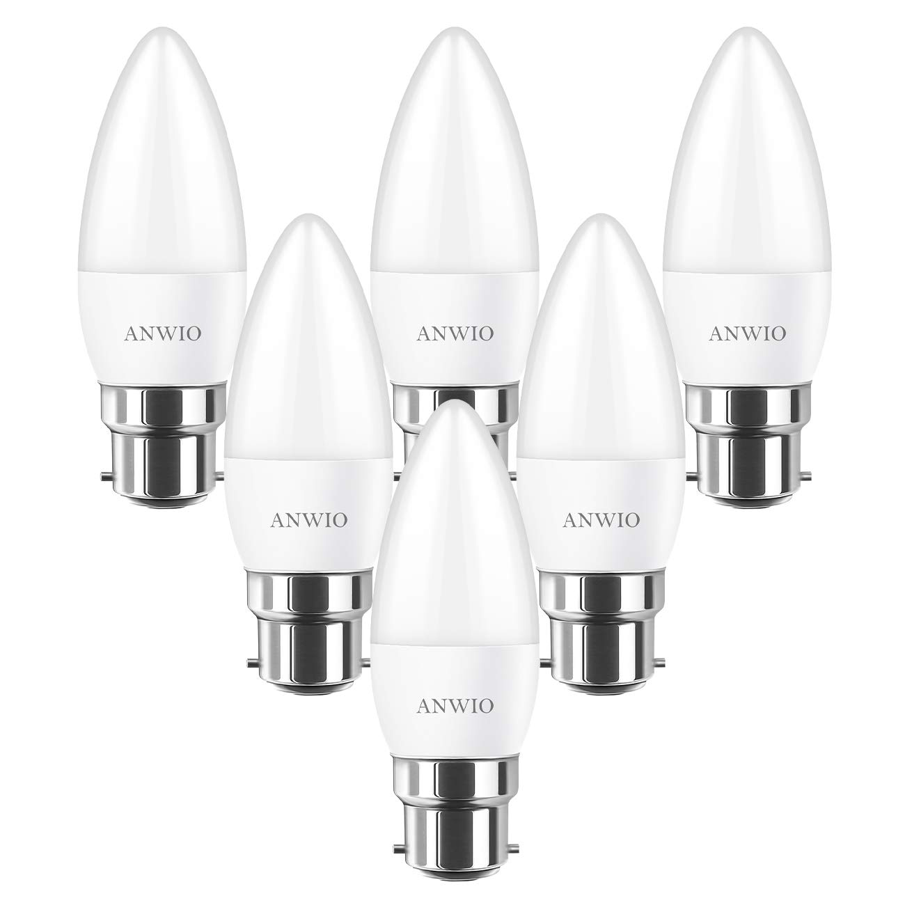 ANWIO B22 LED Bayonet Candle Bulbs, C37 4.5W Plastic Candle Bulbs, 40W Incandescent Bulb Equivalent, 470Lm, 2700K Warm White LED Bulb, Chandeliers Bulb Fiting Non-Dimmable ,220-240V,(6 PCS)