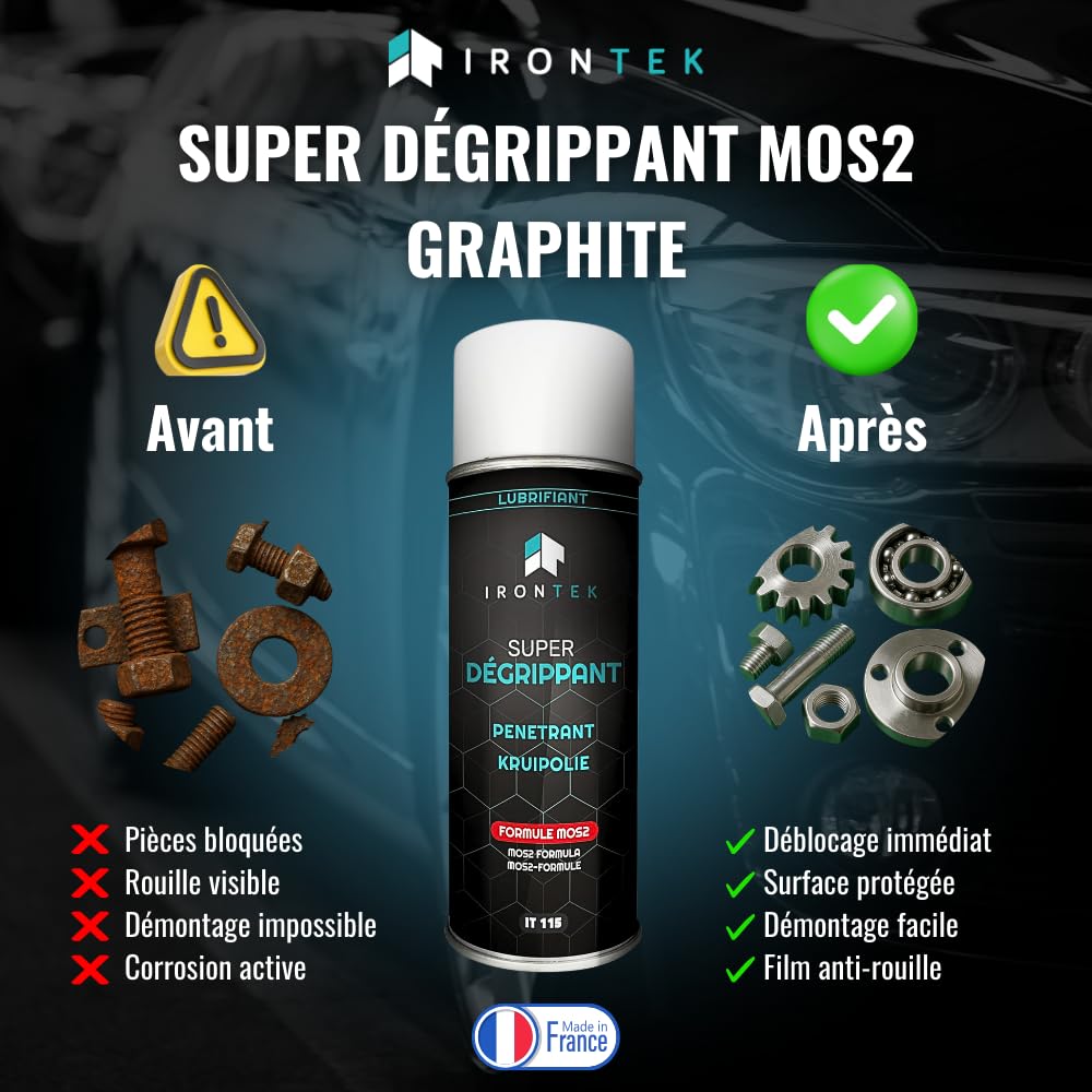 Dégrippant Lubrifiant Pro MoS2 Graphite 400ml - IRONTEK | IT115 | Action Rapide Pénétrante | Débloque Pièces Grippées