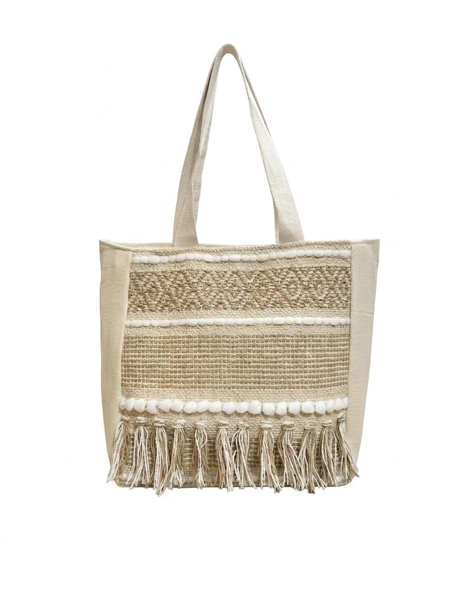 Handcrafted Cotton Tote Bag for Women, Shoulder Bag with Tussel Pattern, Lightweight Reusable Shopping & Daily Carry Tote, Large Size 14 x 14 x 5 Inches (Beige)-image-10