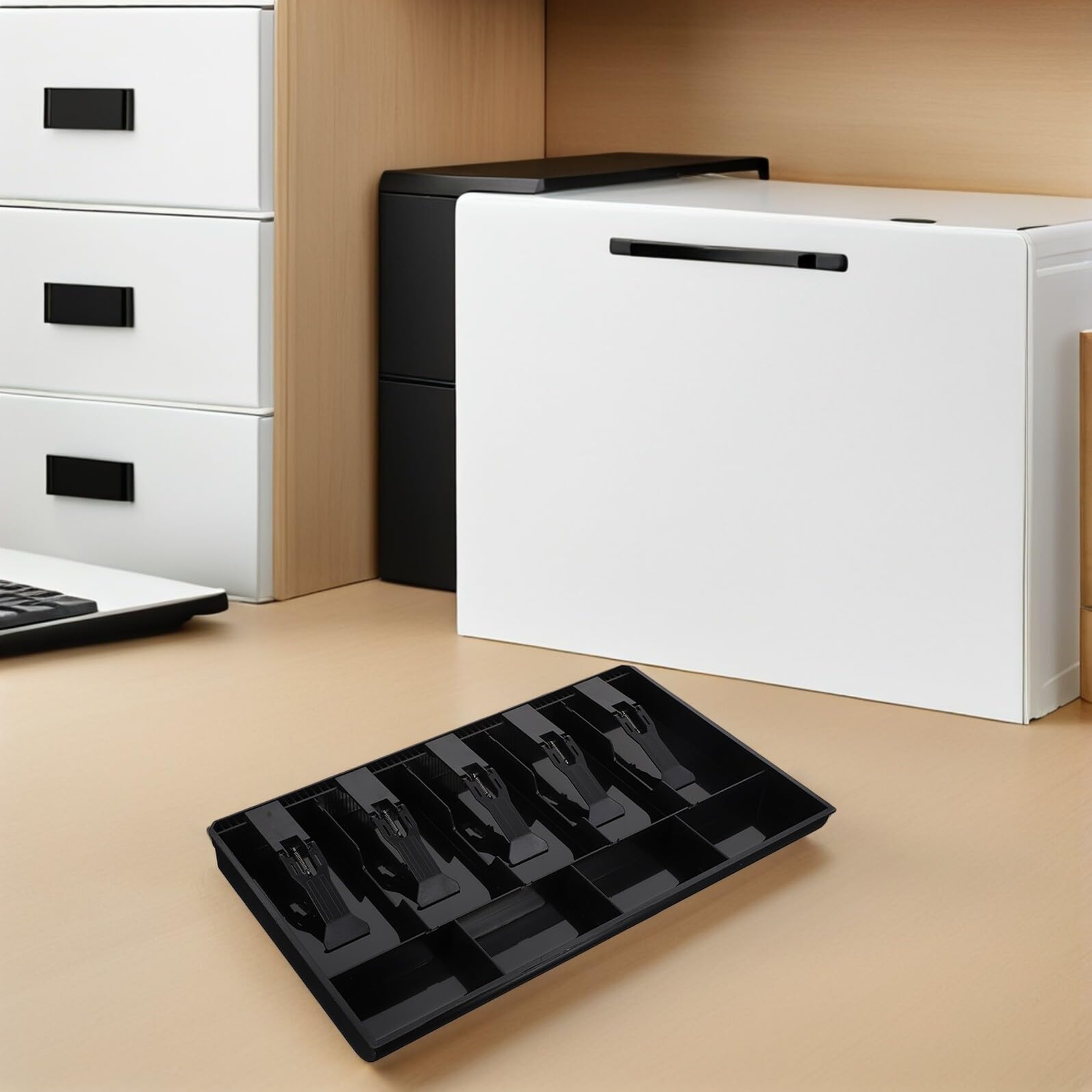 Organizer per Contanti con 9 Scomparti Scatola Porta Soldi da Scrivania in Plastica Resistente Cassetto Porta Soldi Multifunzione per Casa e Ufficio e Monete Set 2 Pezzi