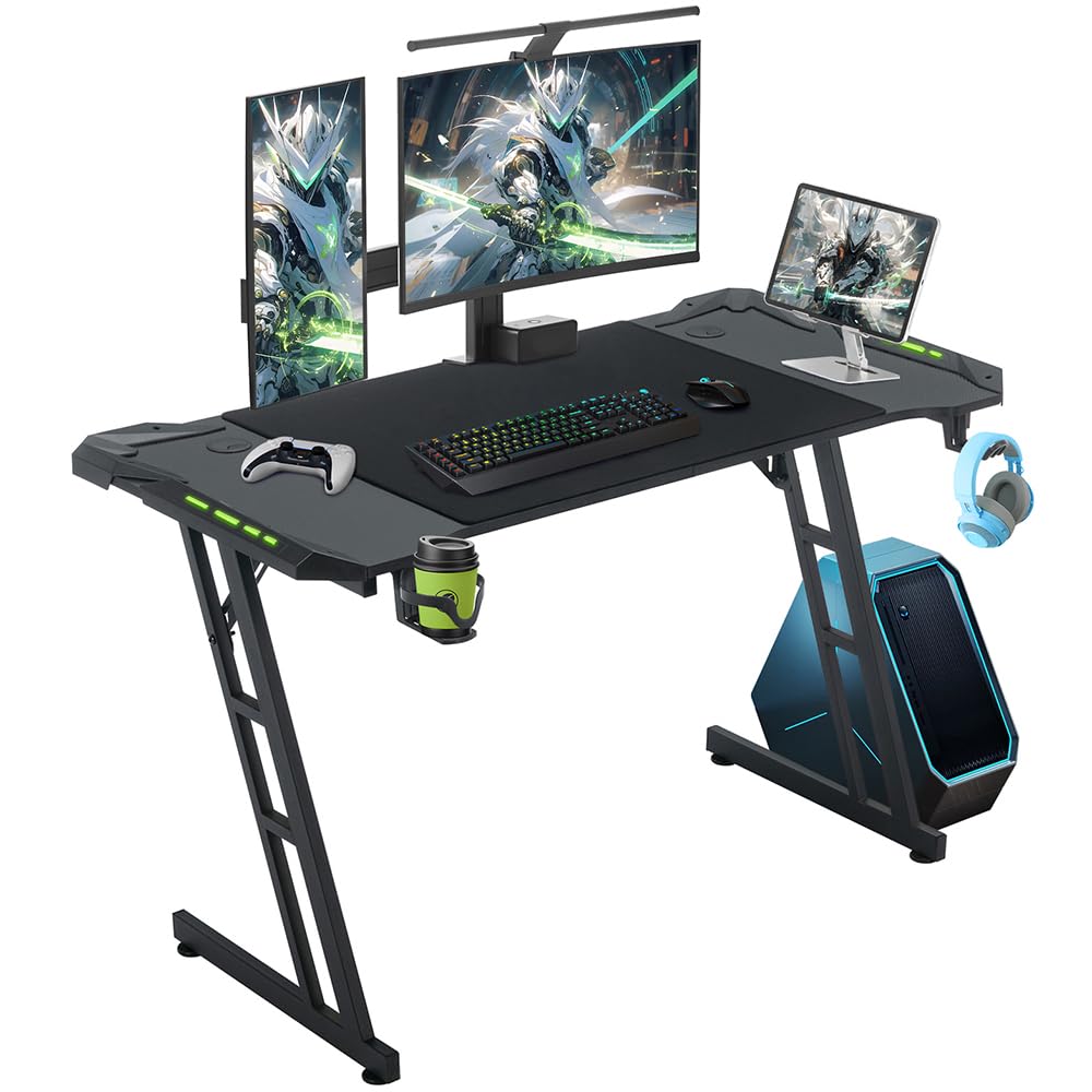 Escritorio Gaming con LED 120×60 cm, Escritorio Gamer con Gestión de Cables, Mesa Gaming con Portavasos y Soporte para Auriculares-en Forma de Z, Escritorio Ordenador de Fibra de Carbono Ergonomicas