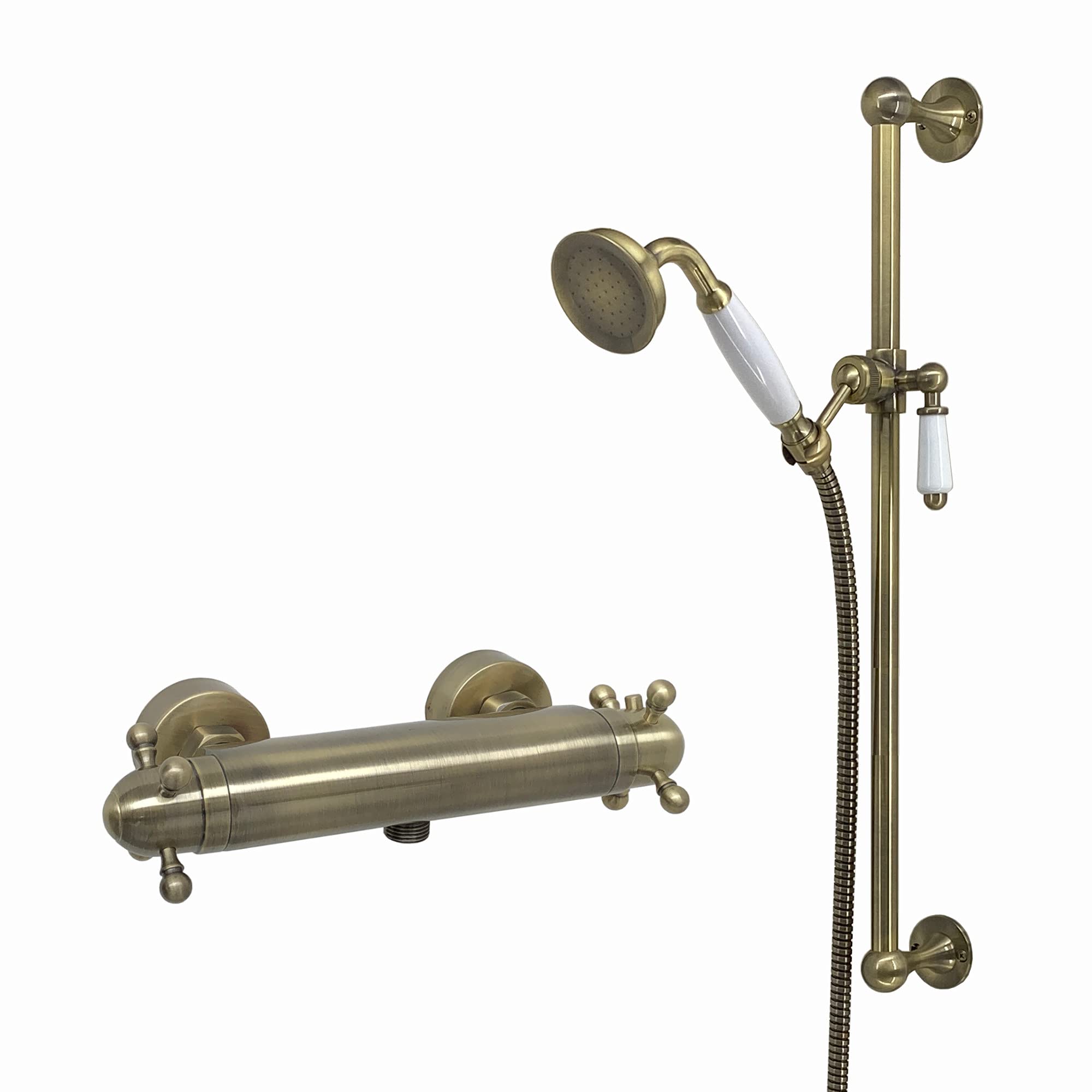 ENKI, Gallant, SH0591, Antique Brass, Thermostatic Shower Mixer Valve with Shower Head, Hose & Slider Rail, Solid Brass, Anti-Scald Device, Temperature Control, Traditional Design, 1-Year Guarantee