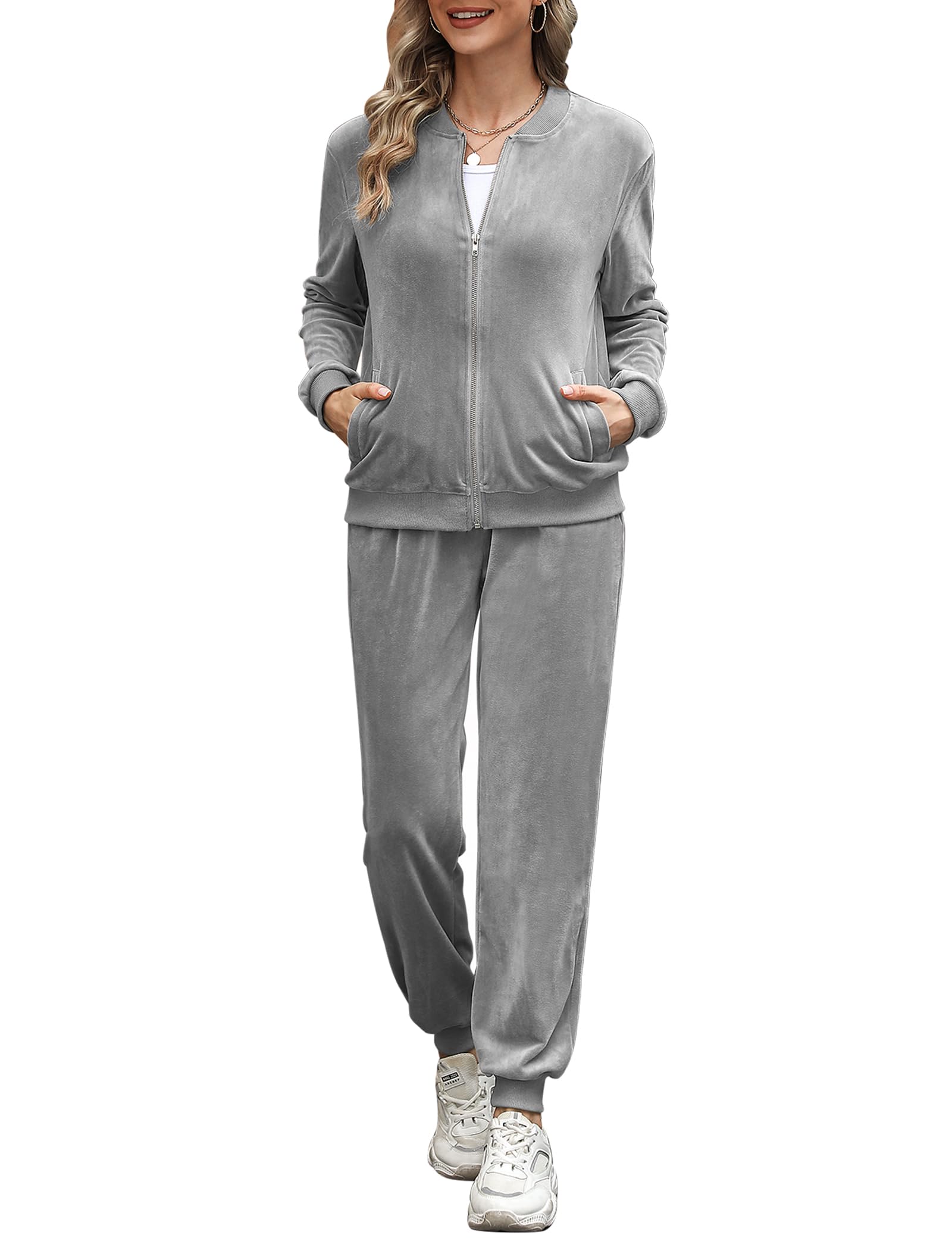 Irevial Tuta Sportiva Donna Velluto Tuta da Ginnastica Due Pezzi Casual Casa Pigiama Set con Giacca a Zipper e Pantaloni Lunghi Primavera Autunno Training Sportwear Comoda
