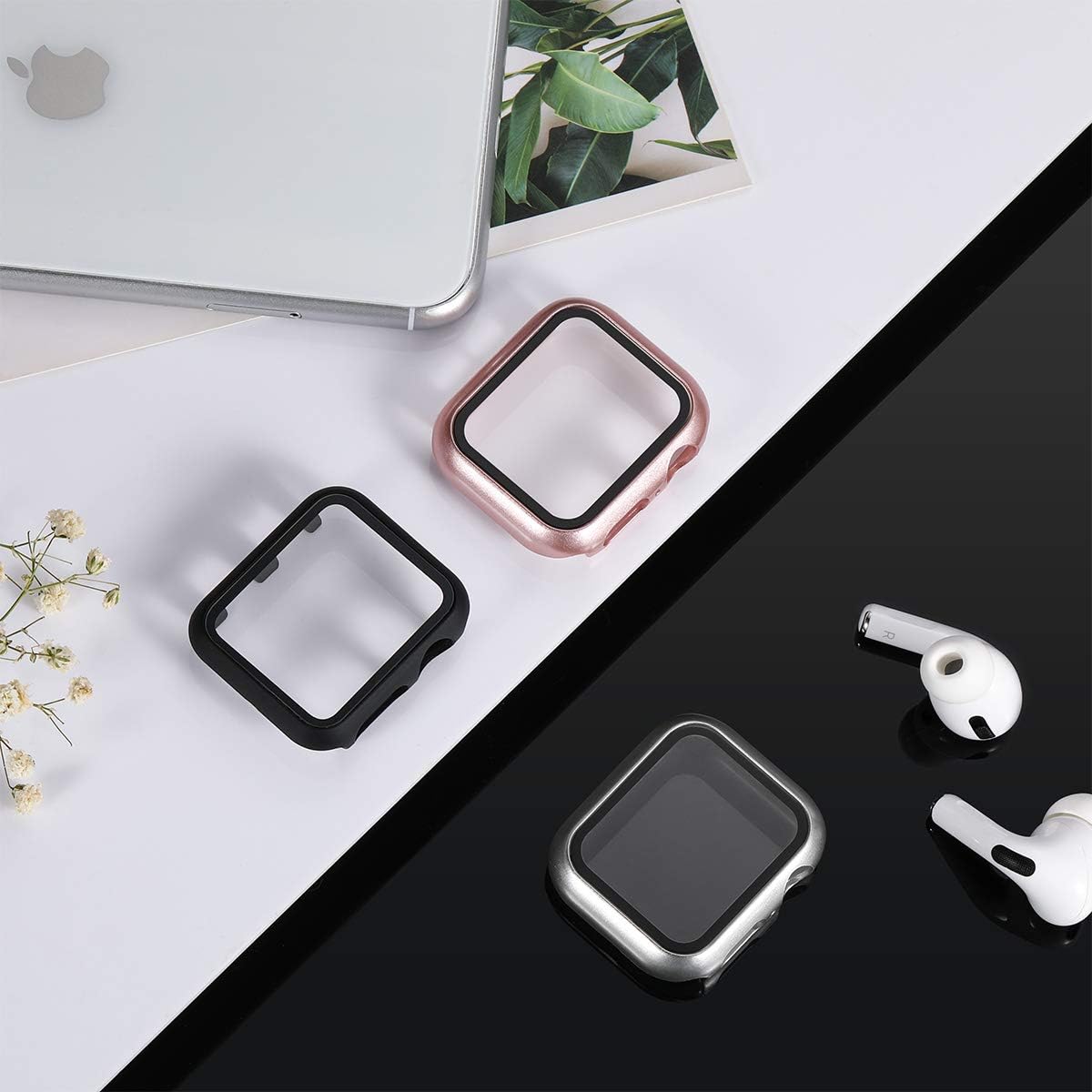 Henva [3 Pack] Protector Case Design for Apple Watch 42mm with HD Tempered Glass, PC Full Coverage Protective Case Compatible with iWatch Series 3/2/1, Black, Silver, Rose Gold