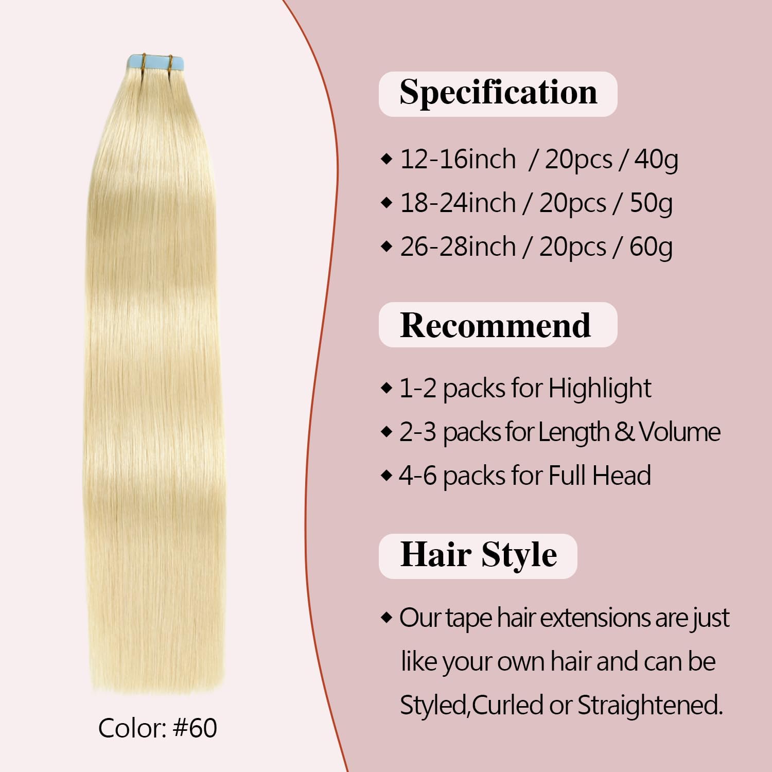 Sunya Tape in Hair Extensions Human Hair Platinum Blonde Tape Hair Extensions 18 Inch Invisble Invisible Tape Hair Human Hair Extensions Natural Skin Hair Weft 50g 20pcs/Pack - Image 2