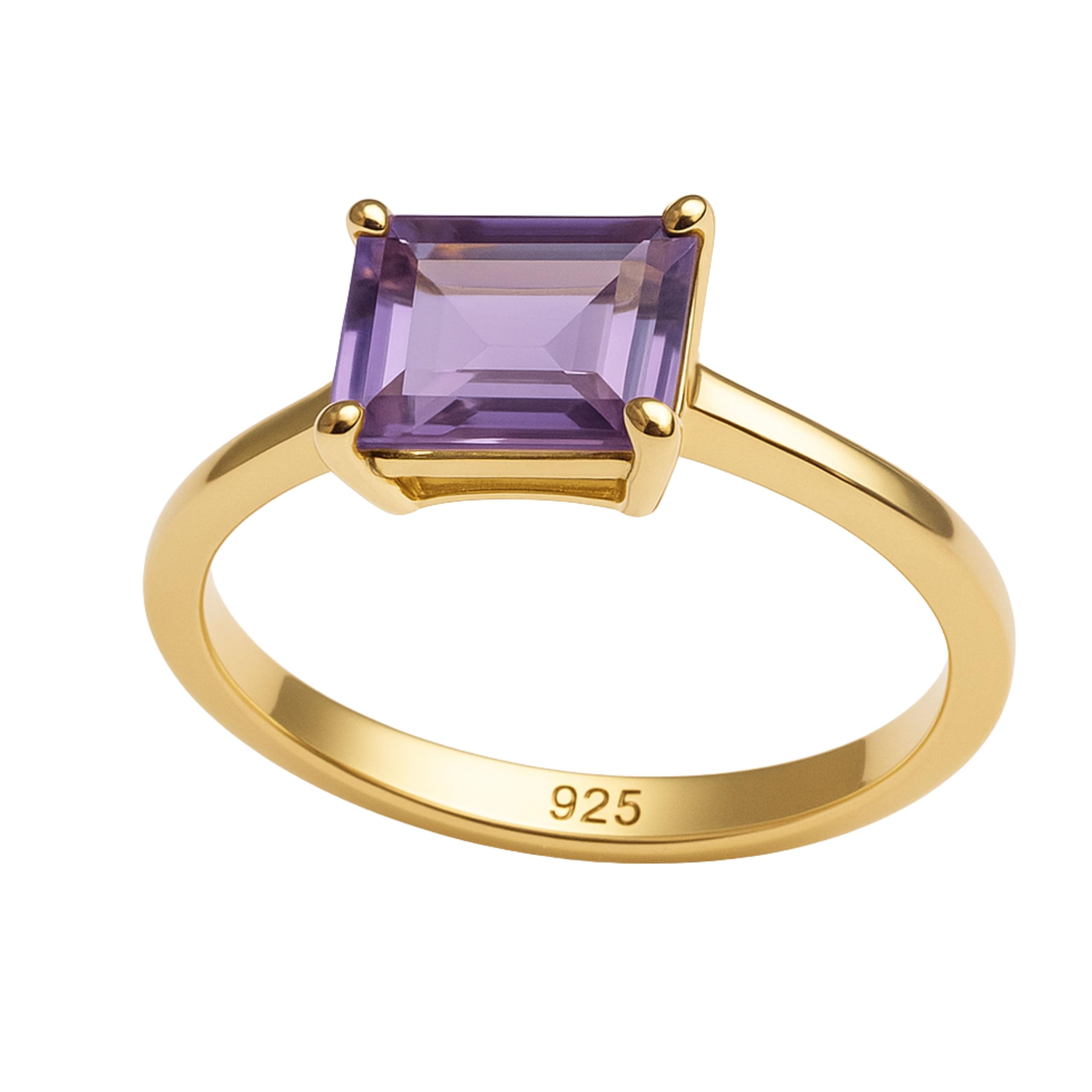 Anillo de plata de ley bañado en oro con amatista talla baguette