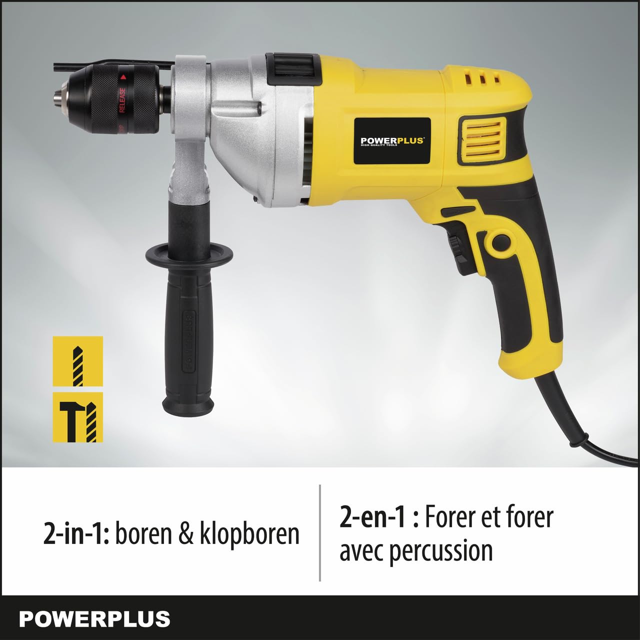 Powerplus Trapano a percussione elettrico POWX0270-2 in 1: foratura e foratura a percussione, trapano cablato da 850 W e 26 Nm, Avvito a sinistra e a destra