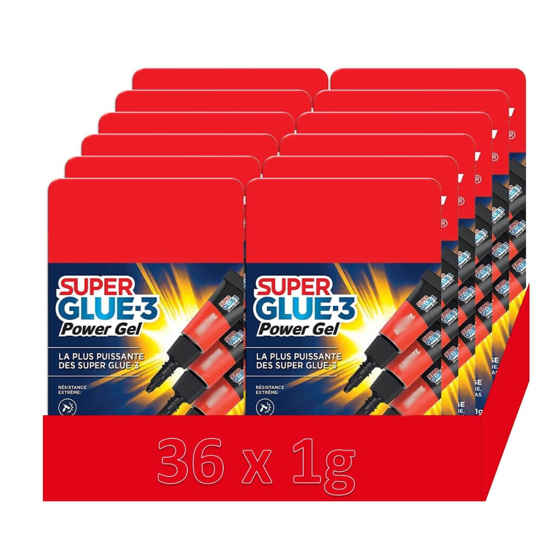 Super Glue-3 Power Gel Mini Trio, pegamento fuerte enriquecido con goma, mini dosis de pegamento de gel ultra resistente, secado inmediato, pegamento transparente (36 x 1g)