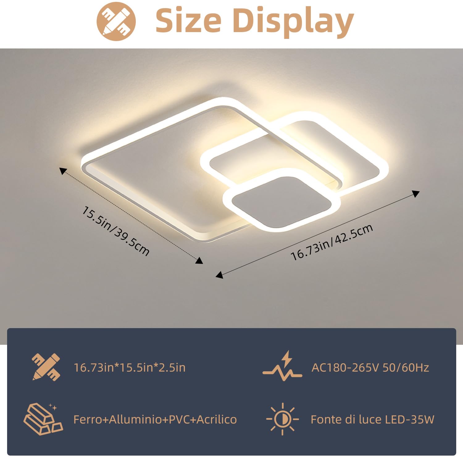 FUPE Plafoniera LED Soffitto - 43W Lampada Soffitto 4180LM Moderna a 3 Quadratische Luce Fredda 4000K per Soggiorno e Camera in Alluminio e Acrilico per Cucina Corridoio
