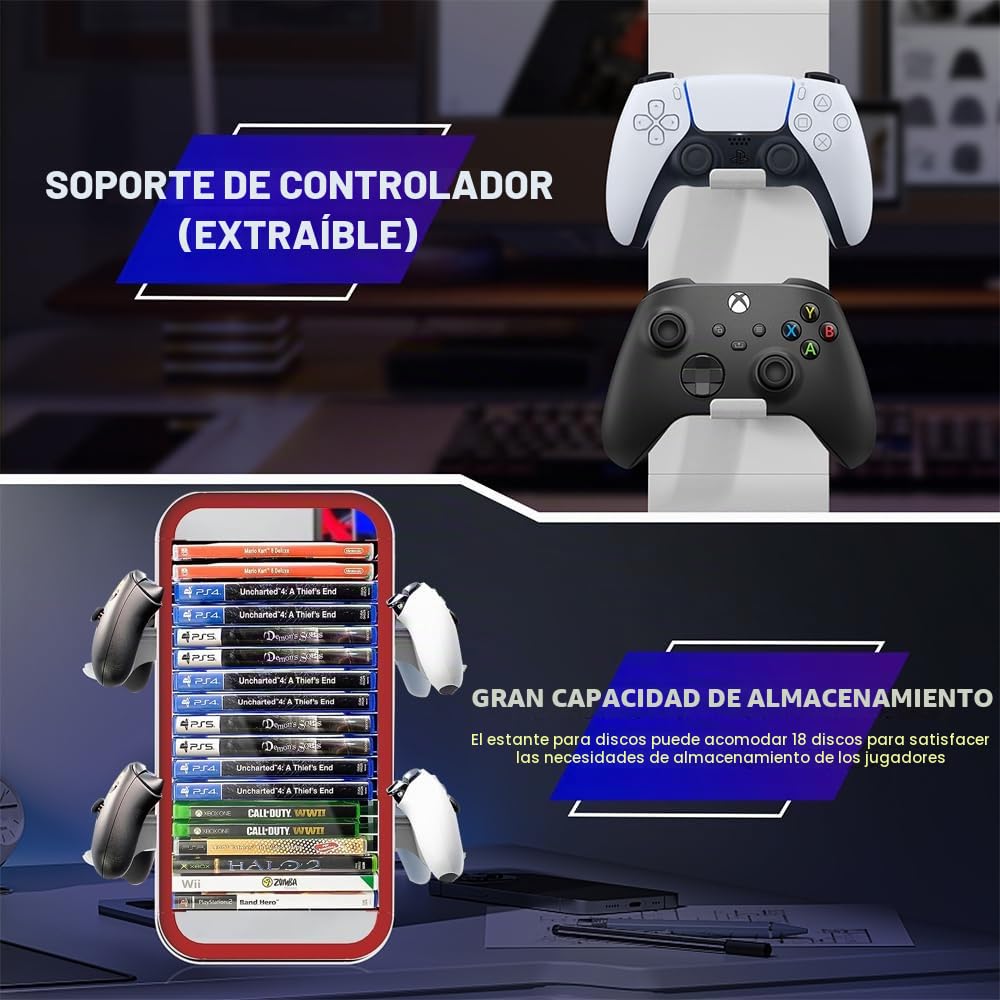 Torre de Almacenamiento de Juegos para PS5/ Xbox Series S & X/Switch, Organizadores Universales de Discos de Videojuegos, Almacena 18 Juegos, con 4 Soportes de Controlador (Rojo)