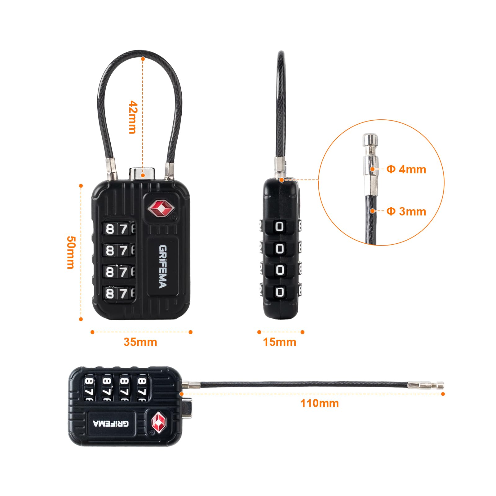GRIFEMA Candado TSA con Combinación de 4 Dígitos, Cable Flexible para Maletas, Bolsos y Equipaje de Viaje, Negro (1 Unidad, GA1008) — view 9