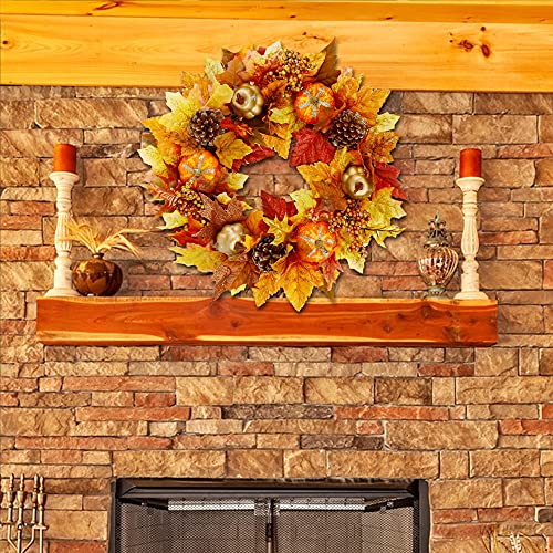 Twinkle Star 16" Fall Wreath, Autumn Harvest Wreath, Pumpkins And Artificial Maple Leaves, Pine Cone And Berries, For Front Door Wall Indoor Outdoor Halloween Thanksgiving Decorations #TOP6