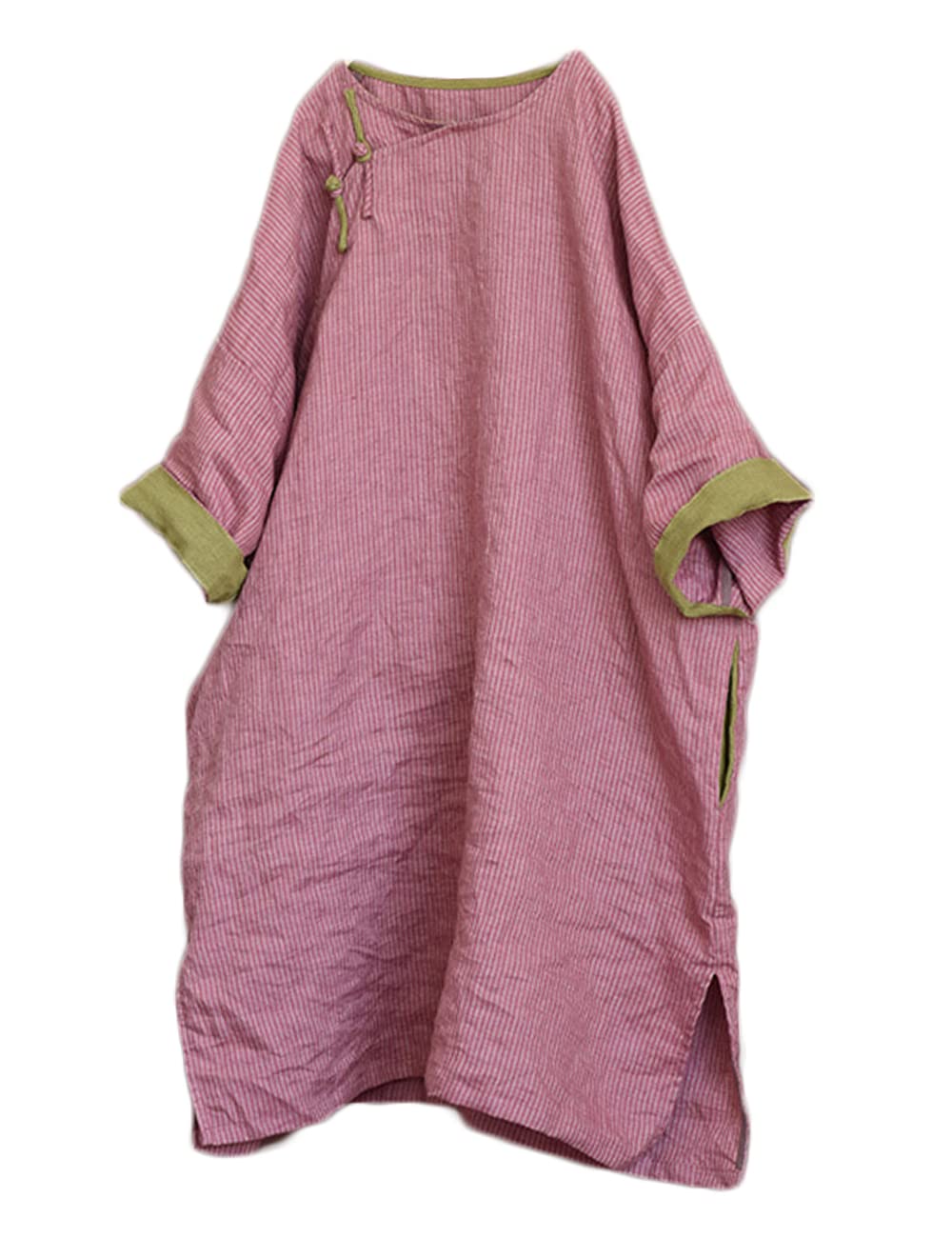 NFYM Abito da donna in cotone e lino a righe con maniche lunghe a 3/4 al ginocchio in stile retrò asiatico con tasche