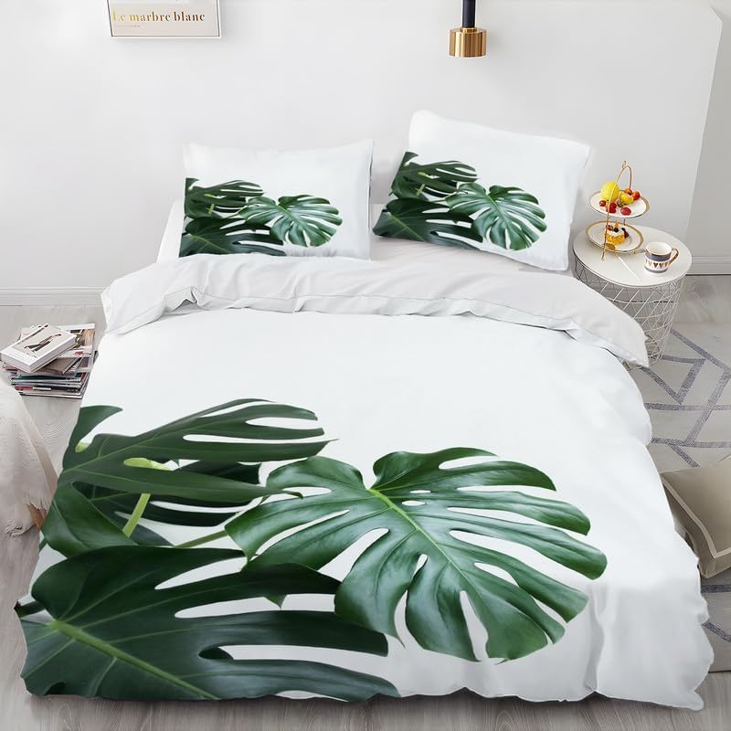 White Leaves Duvet Cover Full Tropical Plants Print Bedding Sets Full Soft Microfiber Comforter Cover and 2 Pillow Shams 20"X26", Bed Set Duvet