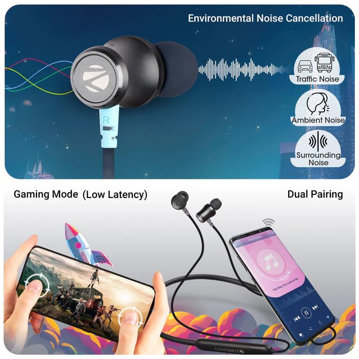 Image of ZEBRONICS Zeb Yoga 111 EQ Mode UP to 50 Hour Backup ENVIROMENTAL Voice Cancellation Voice ASSISANT Support Type -C Charging Volume & Media Control Gaming Mode Dual Pairing Call Function BT v5.3