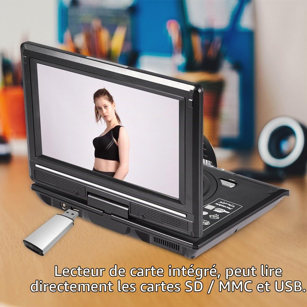 Garsent Lecteur DVD Portable, 9 Pouces LCD Lecteur Vidéo avec 270° Écran Rotatif, Radio FM, Batterie Rechargeable Support Carte SD, Format USB AV CD VCD.(EU)