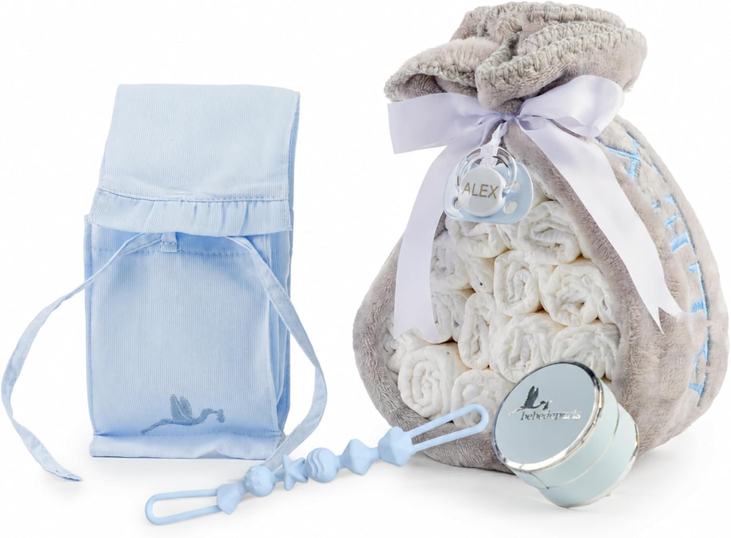 Gâteau à couches avec couche | Couverture polaire et tétine personnalisée + tétine en silicone + 15 couches Moltex | Cadeau pour nouveau-né Baby Shower Naissance (bleu) BebeDeParis
