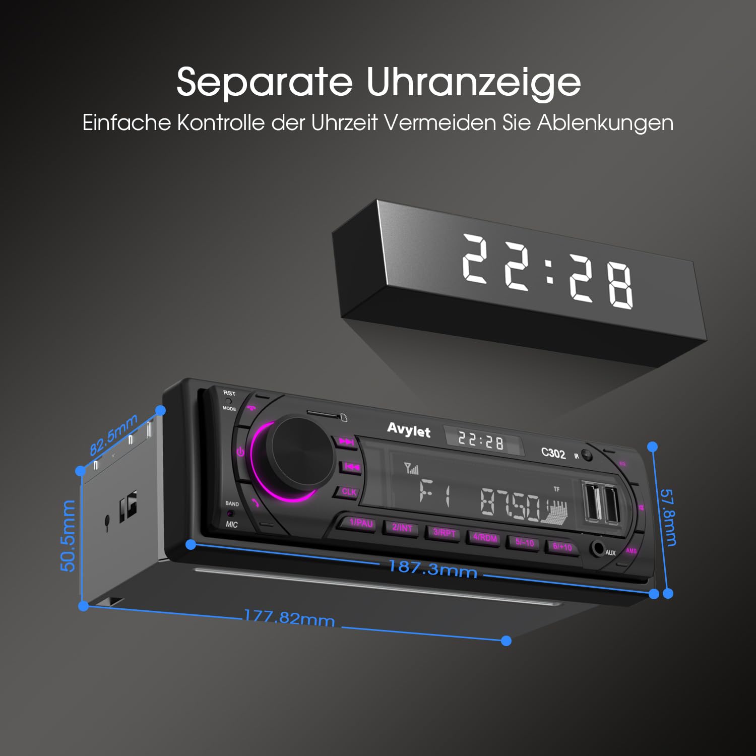 Autoradio Bluetooth 5.0,FM/AM 7 Farben Autoradio mit Bluetooth Freisprecheinrichtung,1 DIN Radio Stereo mit 2 USB/AUX/Karte/MP3-Player,Unterstützung für iOS, Android,30 Radiostationen speichern