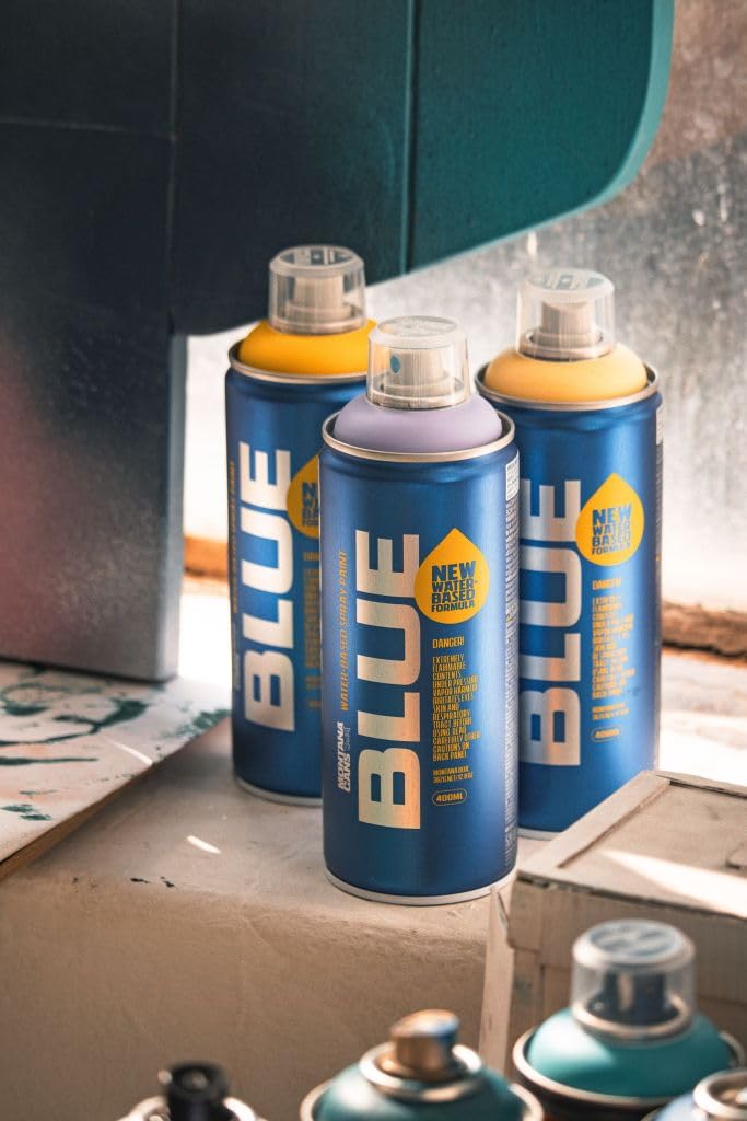 Montana Cans BLUE Neon Sprühdosen Set mit Weiß – 6x 400 ml wasserbasierte, fluoreszierende Sprühfarbe mit hoher Deckkraft – schnelltrocknend – Graffiti, Street Art, DIY, Kunst & kreative Projekte