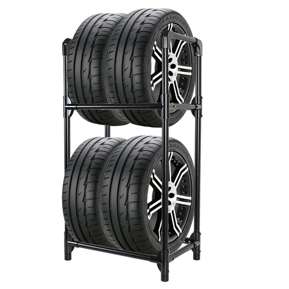 BAOYOUNI Supporto per 4 pneumatici o cerchioni, 2 livelli in acciaio, salvaspazio, per garage, cantina, officina, 57,2 x 37,3 x 114,6 cm, nero