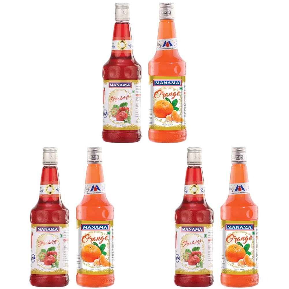 Manama Strawberry Fruit Flavoured Syrup and Manama Orange Fruit Flavoured Syrup, 750ML Each, Pack of 6-image-48