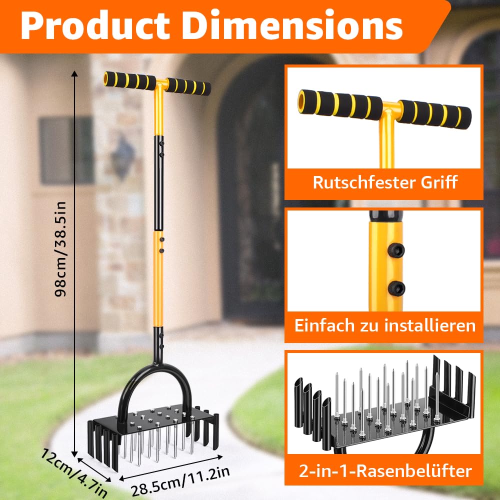 2-in-1 Rasenlüfter und Aerifizierer für Rasen mit 16 Nägeln und 8 hohlen Schlitzen, T-Griff, Rasenbelüfter für Garten