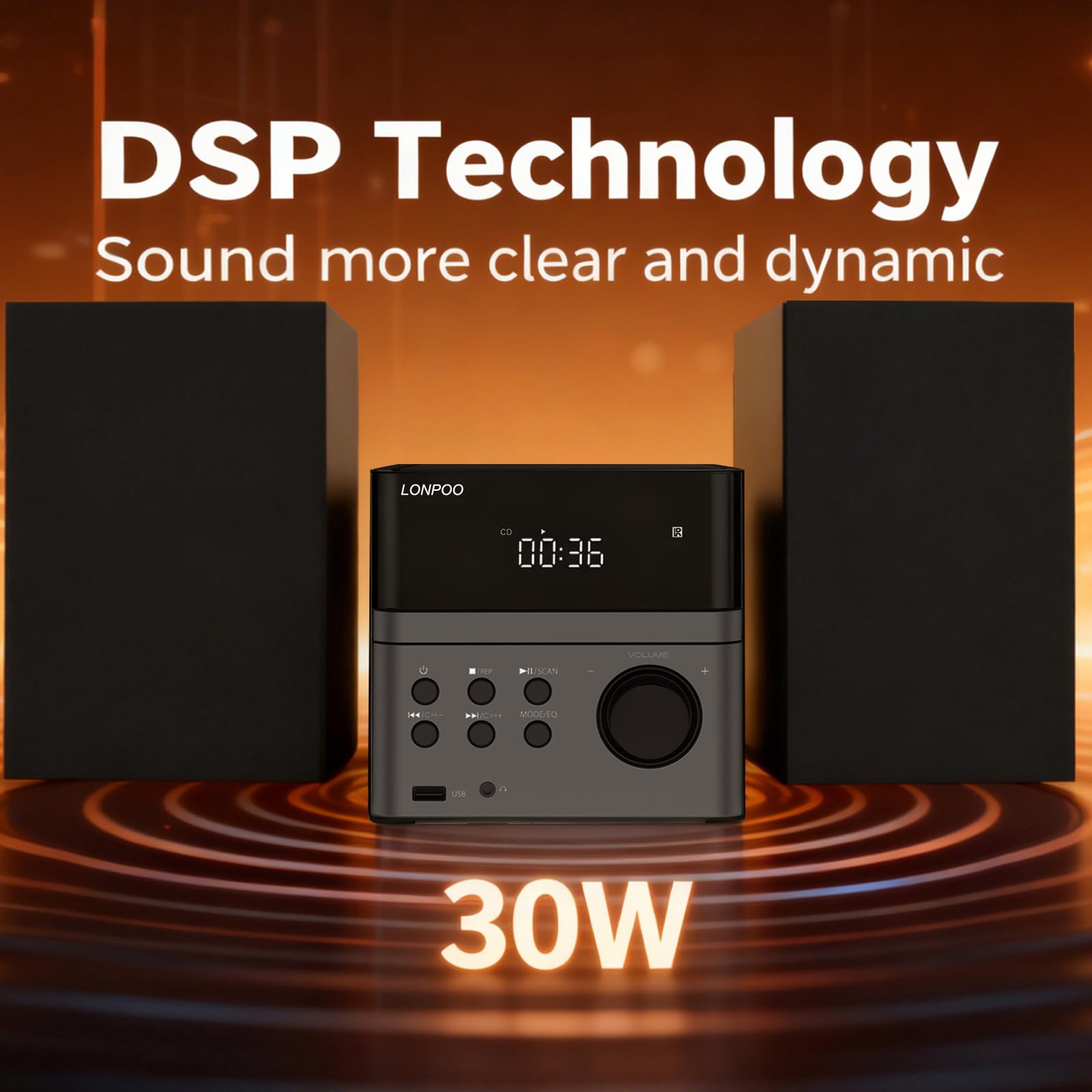 Sistema estéreo para casa Micro HiFi Compacto con Reproductor de CD, Bluetooth, Radio FM, USB, AUX-in, Pantalla LED y botón Grande, Mando a Distancia (lp-128)