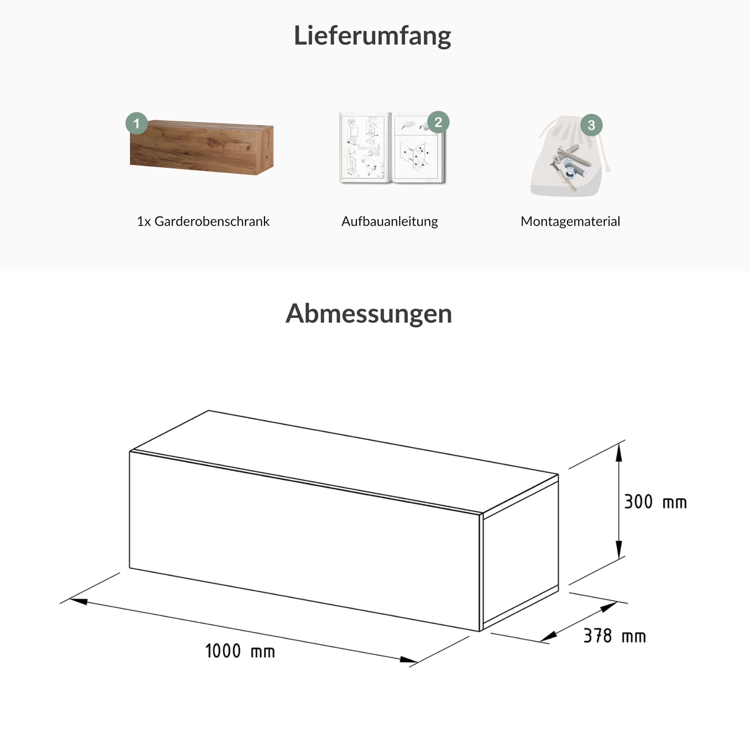 Planetmöbel Flur Möbel Garderobe Hängeschrank 1x 100 cm Gold Eiche, Kompaktgarderobe mit Klappe als Stauraum, Wandgarderobe hängend oder stehend, 37,8T x 100B x 32,5H cm