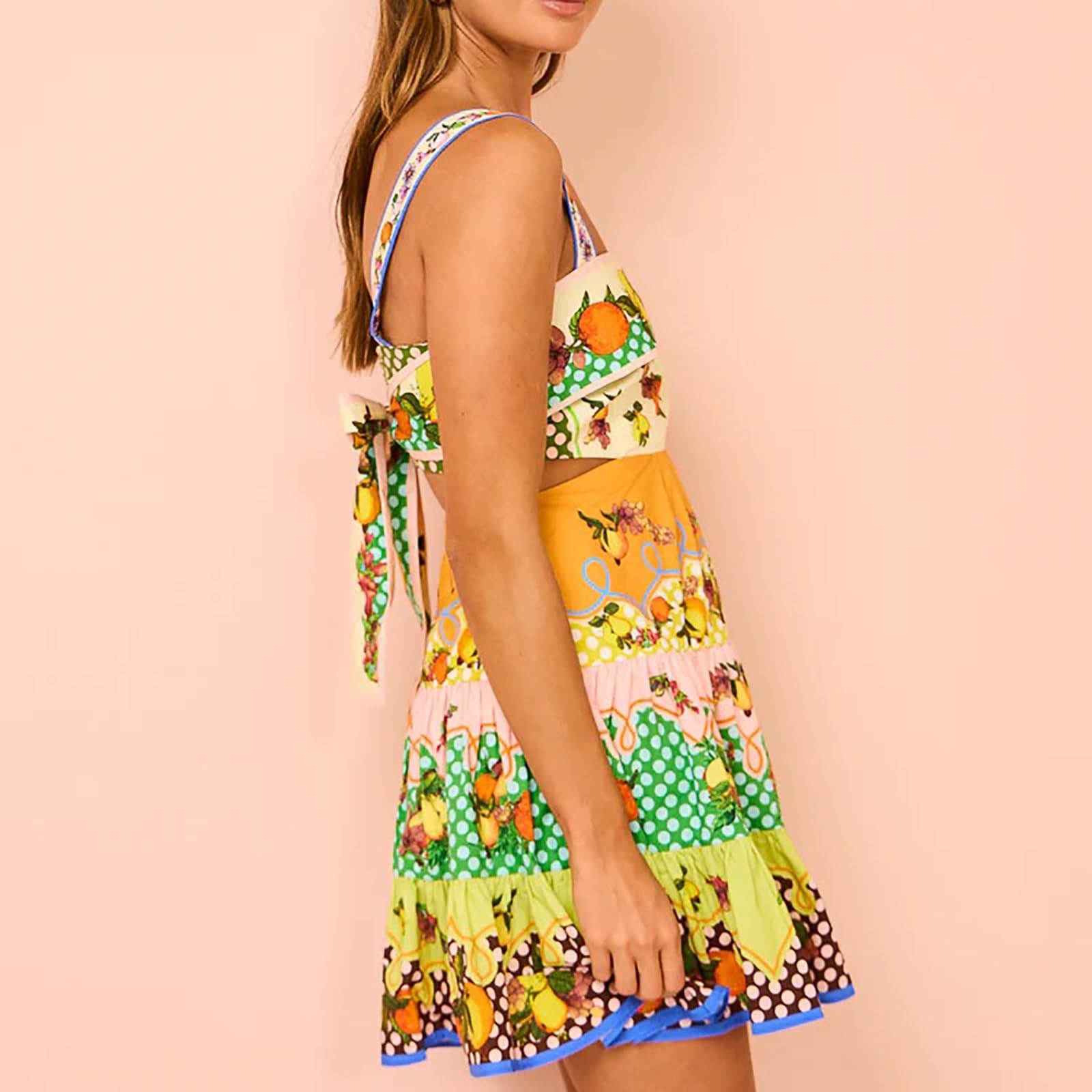Abito Estivo Boho Donna, Senza Maniche con Spalline Sottili, Stampa Floreale, Patchwork, Legato Dietro, Casual Chic