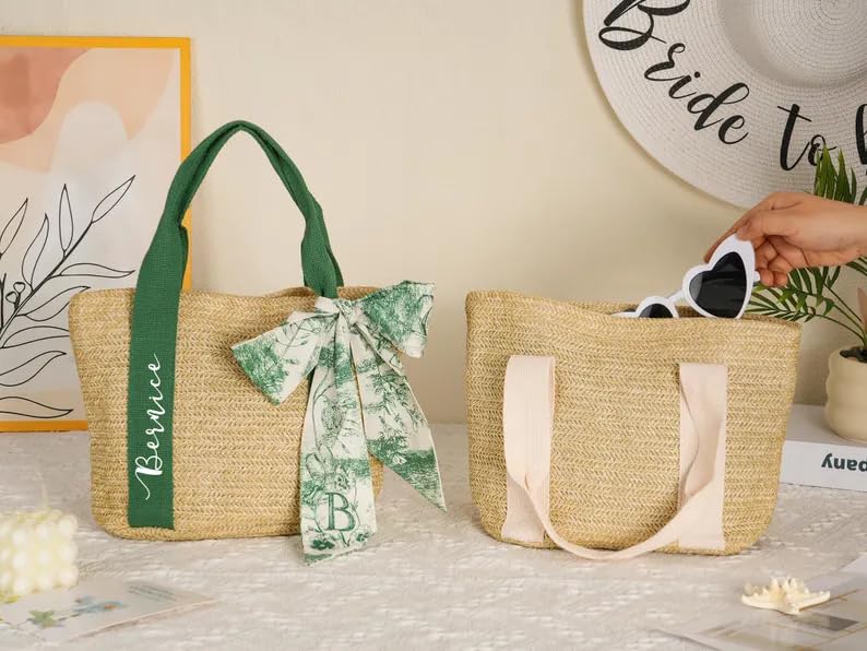 Straw Beach Bags with Silk Scarf,Custom Name Travel Tote Bags for Women-8.66in*7.87in,Bridal Party Gifts3