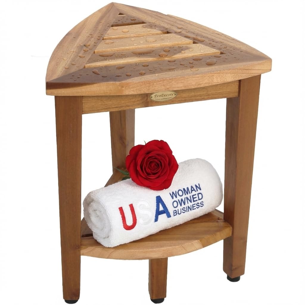 EcoDecors Snazzy Corner Waterproof Teak Wood Shower Bench Stool Seat Chair For Inside Shower Provides Safety, Storage, and Organization For Bathroom