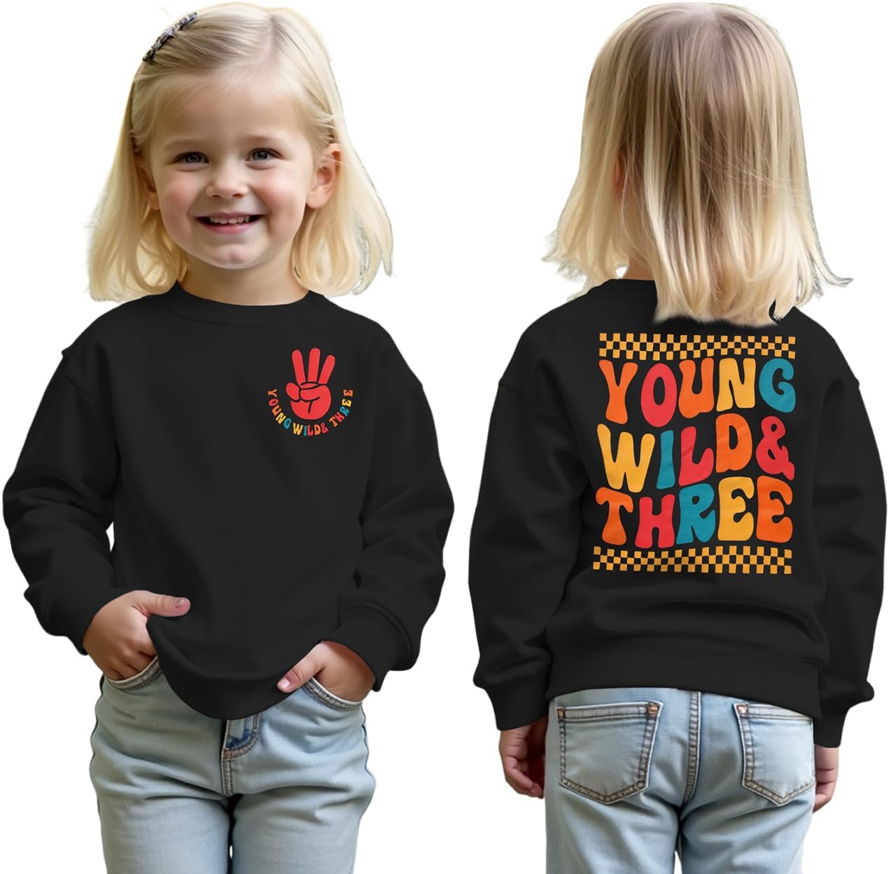 MODNTOGA Young Wild and Three Shirt Toddler Girl Third Birthday Sweatshirt 3rd Birthday Crewneck Outfit 3T B-Day Party Tops