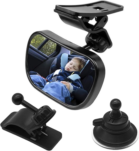 Natuce 1 Baby Car Mirror with 2 brackets, Car Seat Mirror 360°Adjustable, Safety Child Rear View Mirror with Sucker and Clip, Back Seat Mirror, 100% Shatterproof, for Baby Infant Toddler Child Mom