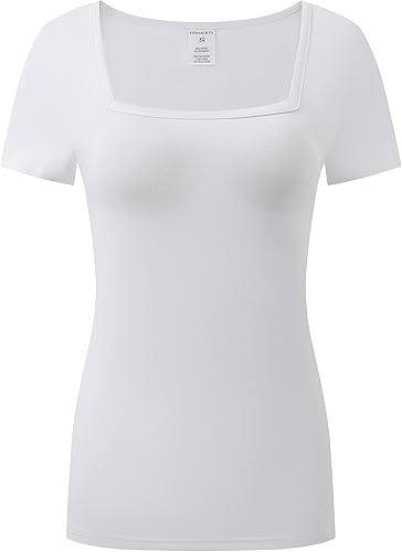 OThread & Co. Camiseta de manga corta para mujer, cómoda, cuello cuadrado, capa elástica básica