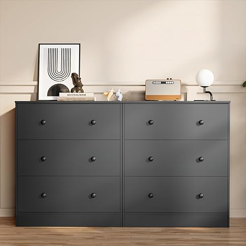 Cozy Castle Juego de 2 cómodas de 3 cajones, cómoda negra para dormitorio, cómoda de 6 cajones con cómoda ancha para dormitorio de niños, cómoda
