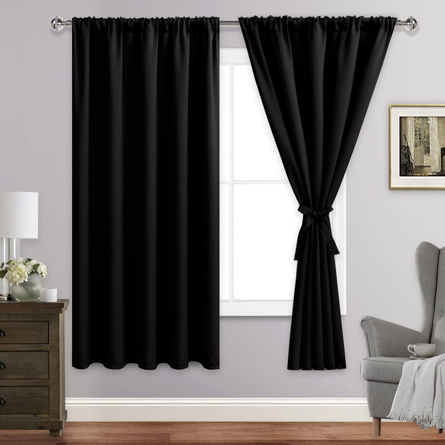 jiuzhen blackout curtains for bedroom - thermal insulated room darkening noise reducing, 60 x 63 inch length curtains for living room, set of 2 panels with tiebacks, black