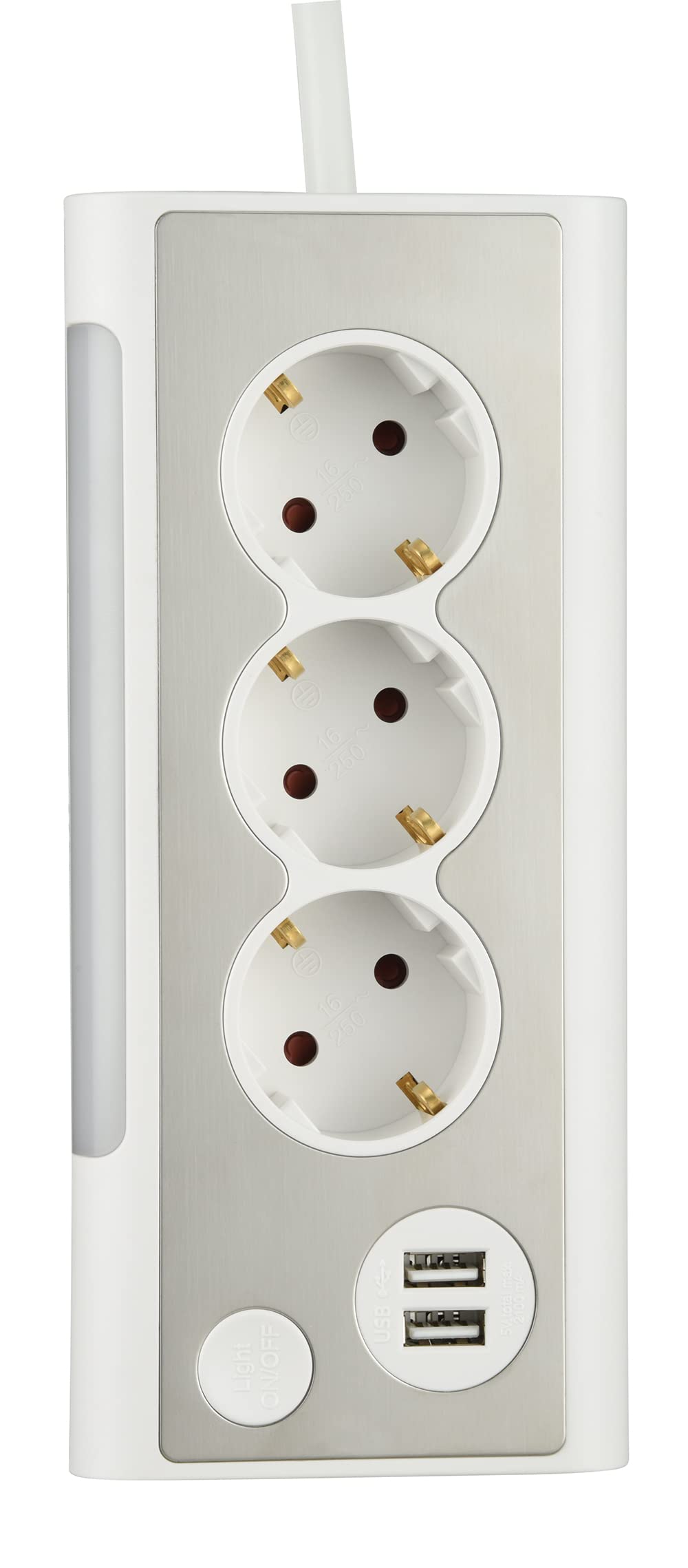 maxtrack Presa da tavolo NV70-3WL, 3 prese, ad angolo, 2 porte di ricarica USB e illuminazione a LED, presa multipla per casa con pulsante per spegnere l'illuminazione a LED, cavo da 3 m