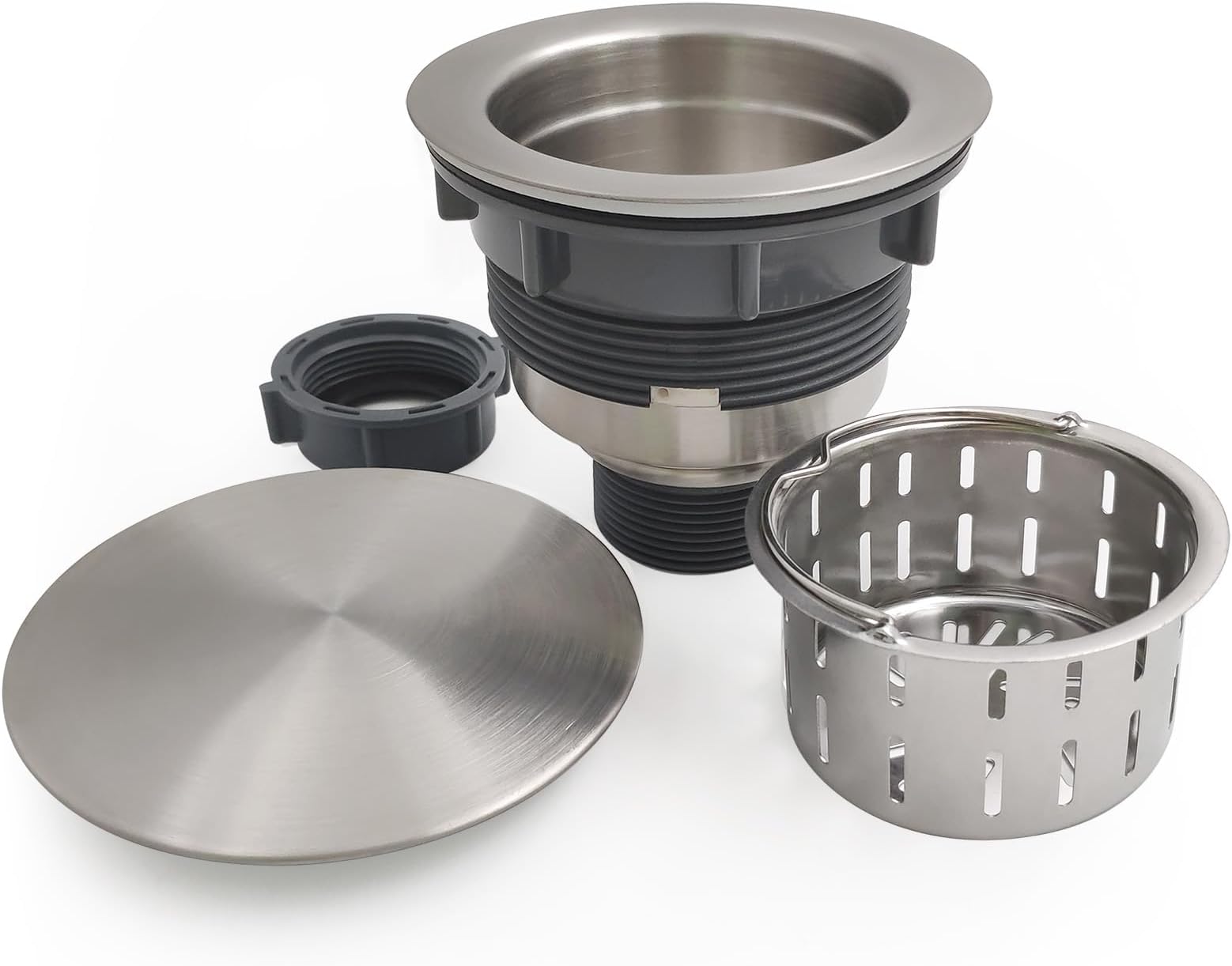 3.5" Kitchen Sink Drain Strainer Assembly Kit with Stopper Cover, Removable Deep Waste Basket Replacement, SUS304 Stainless Steel Brushed Nickel, Add Decor Flat Lid